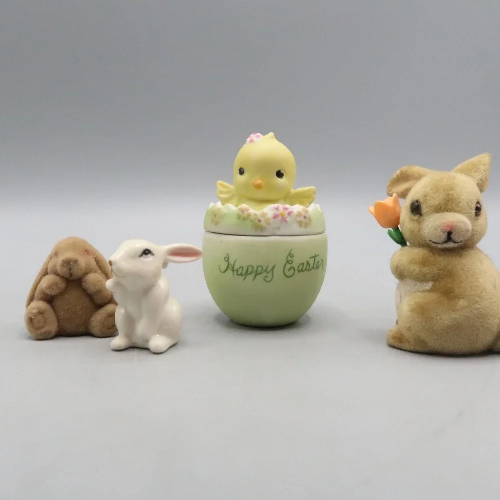 Vintage Bunny Rabbit Lot Trinket Box Duck Happy Easter Flocked Figures
